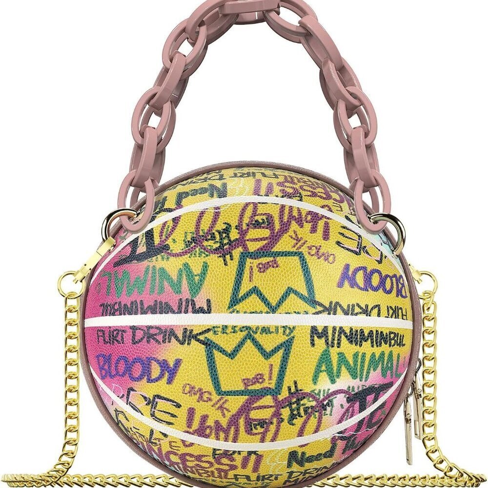 Mini Basketball Shaped Purses for Women Graffiti Letter Small Cute Bag